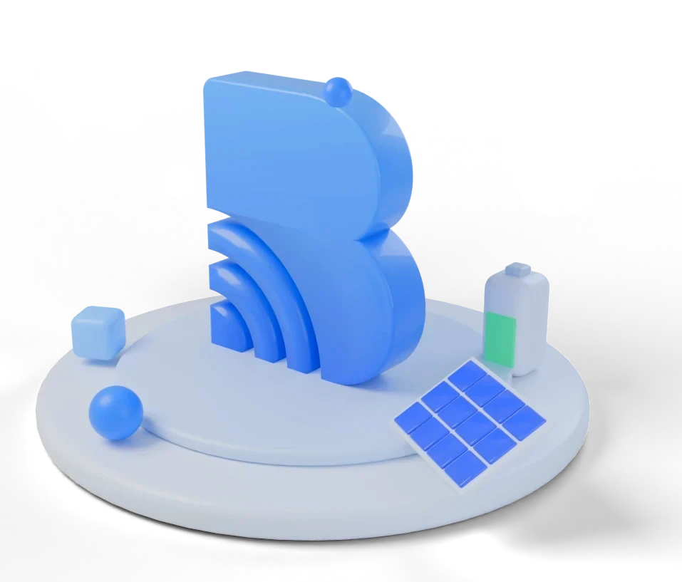 3D illustration of the Befisien logo surrounded by an AI agent, automation gears, a solar panel, and a battery